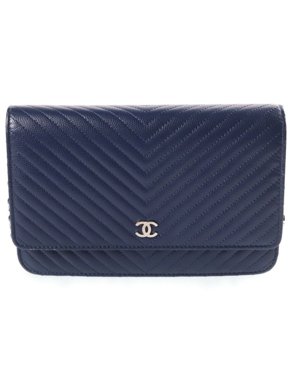 Chanel Chevron Chain Wallet Navy Caviar Leather Silver Shoulder Bag